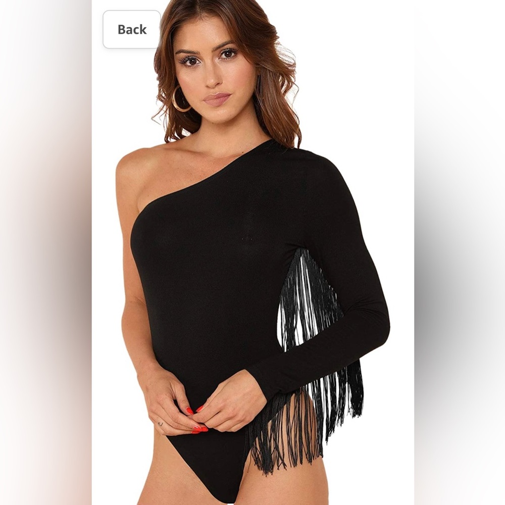 Fringe trim one shoulder long sleeve bodysuit
